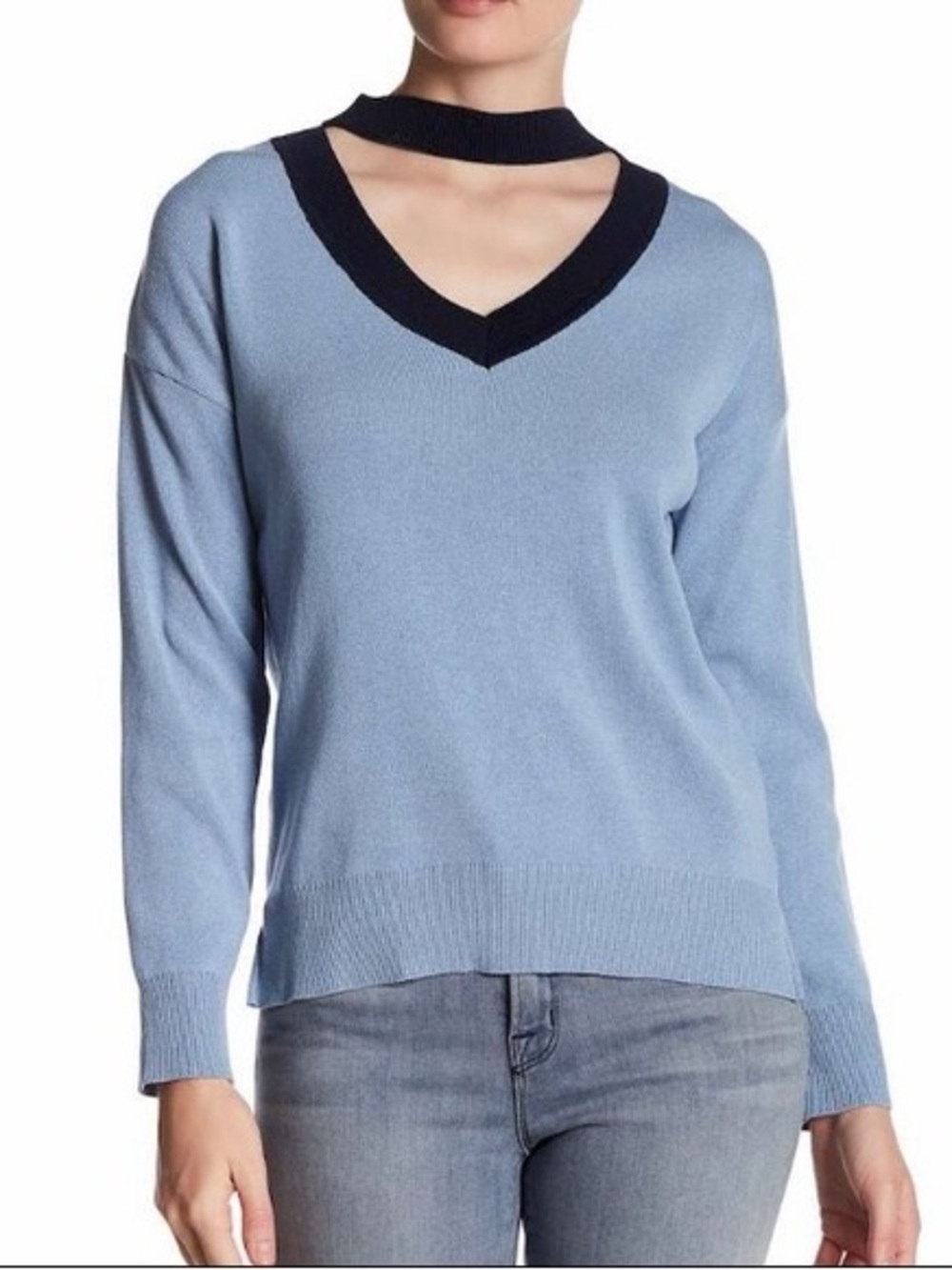 Topshop Classic Choker Sweater Size 12 Light Blue With Navy Contrast Detail